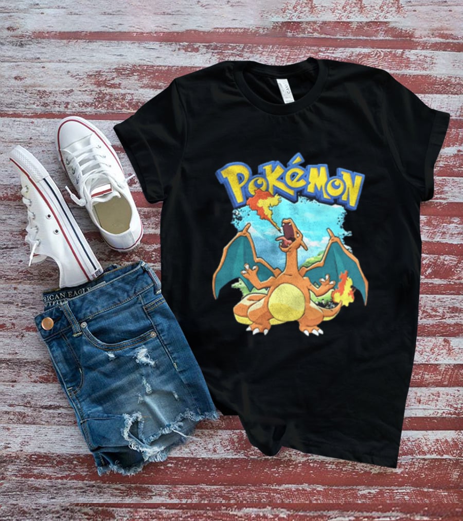 Pokemon Charizard Breathing Fire In Green Landscape T-Shirt