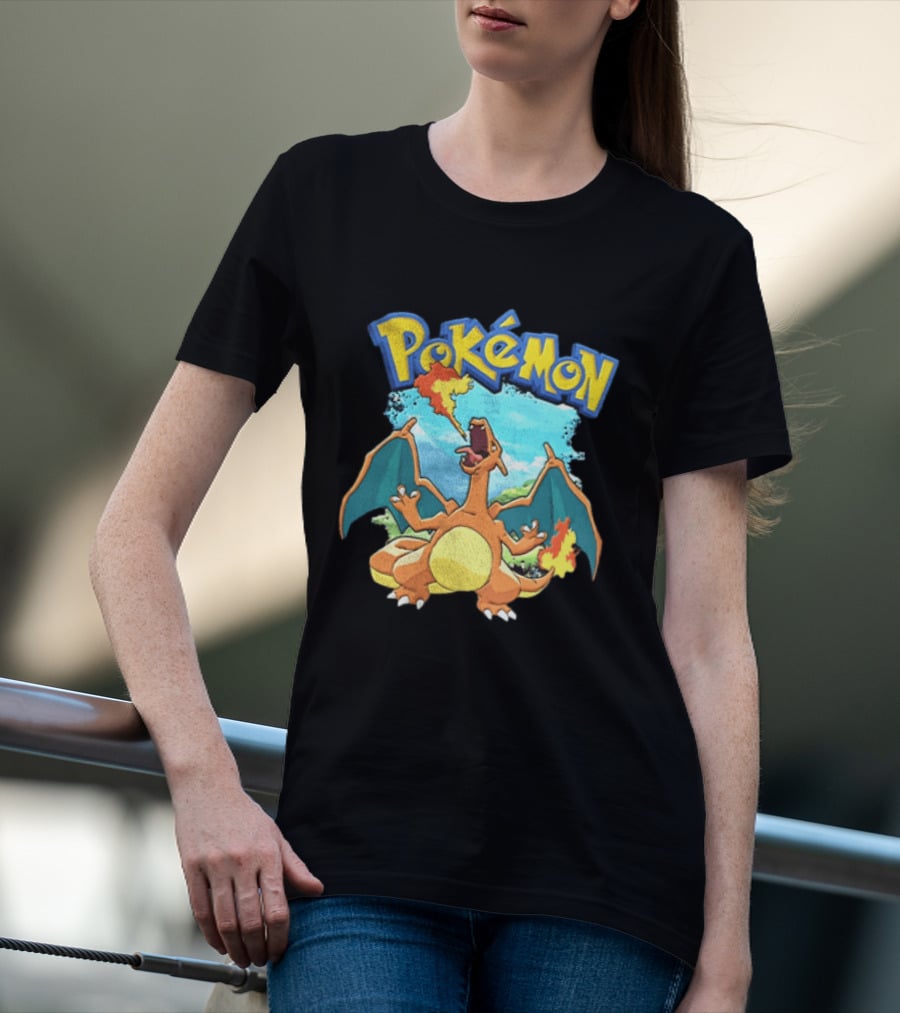 Pokemon Charizard Breathing Fire In Green Landscape T-Shirt