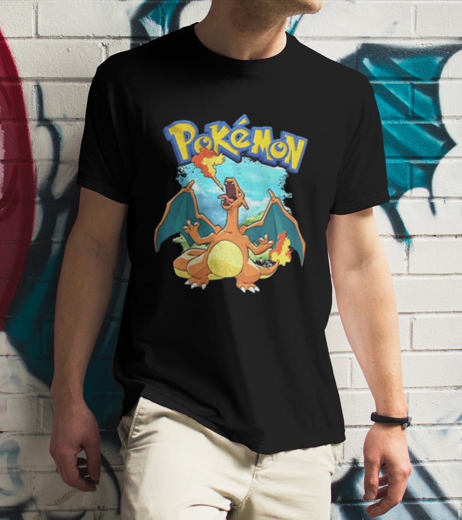 Pokemon Charizard Breathing Fire In Green Landscape T-Shirt
