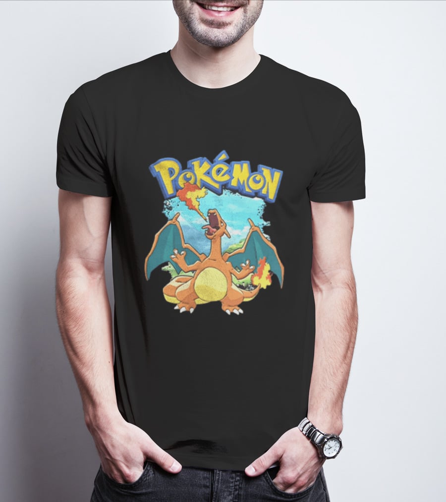 Pokemon Charizard Breathing Fire In Green Landscape T-Shirt