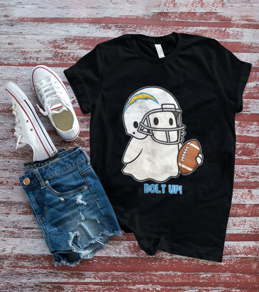Los Angeles Chargers Bolt Up Ghost Football Helmet Holding Ball T-Shirt