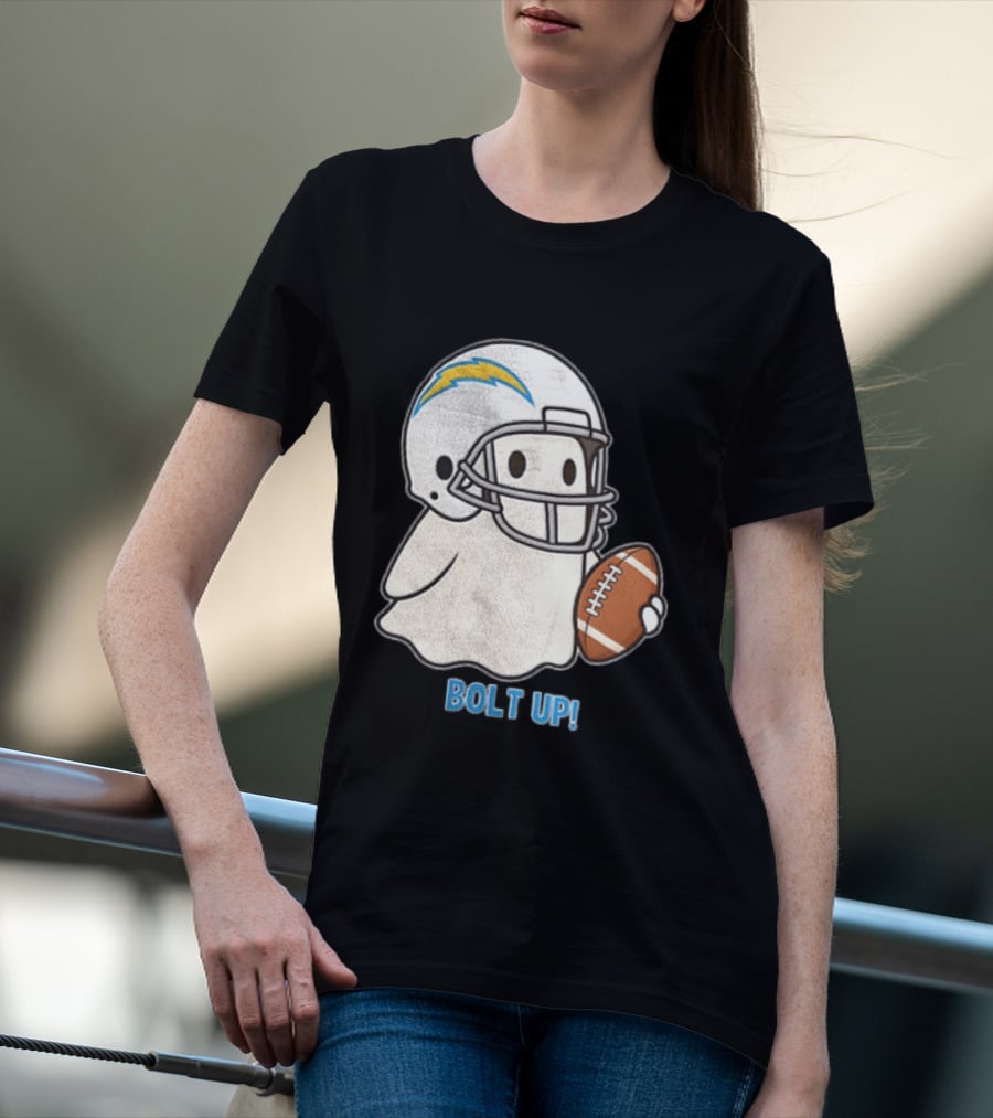 Los Angeles Chargers Bolt Up Ghost Football Helmet Holding Ball T-Shirt
