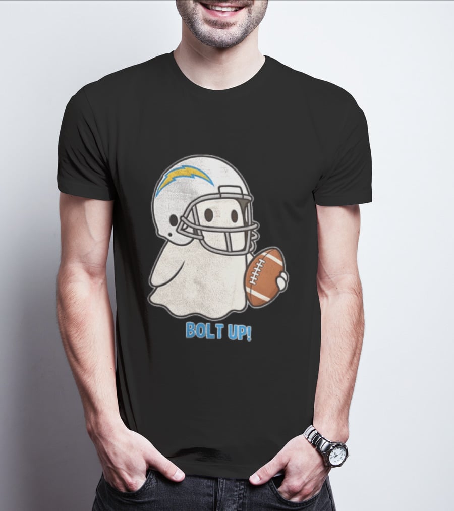 Los Angeles Chargers Bolt Up Ghost Football Helmet Holding Ball T-Shirt