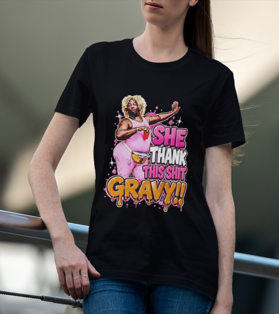 Yung Gravy She Thank This Shit Gravy Rapper Pink Outfit Drink Pose T-Shirt