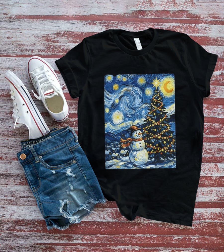 Starry Snowman Christmas Night With Tree And Sky T-Shirt