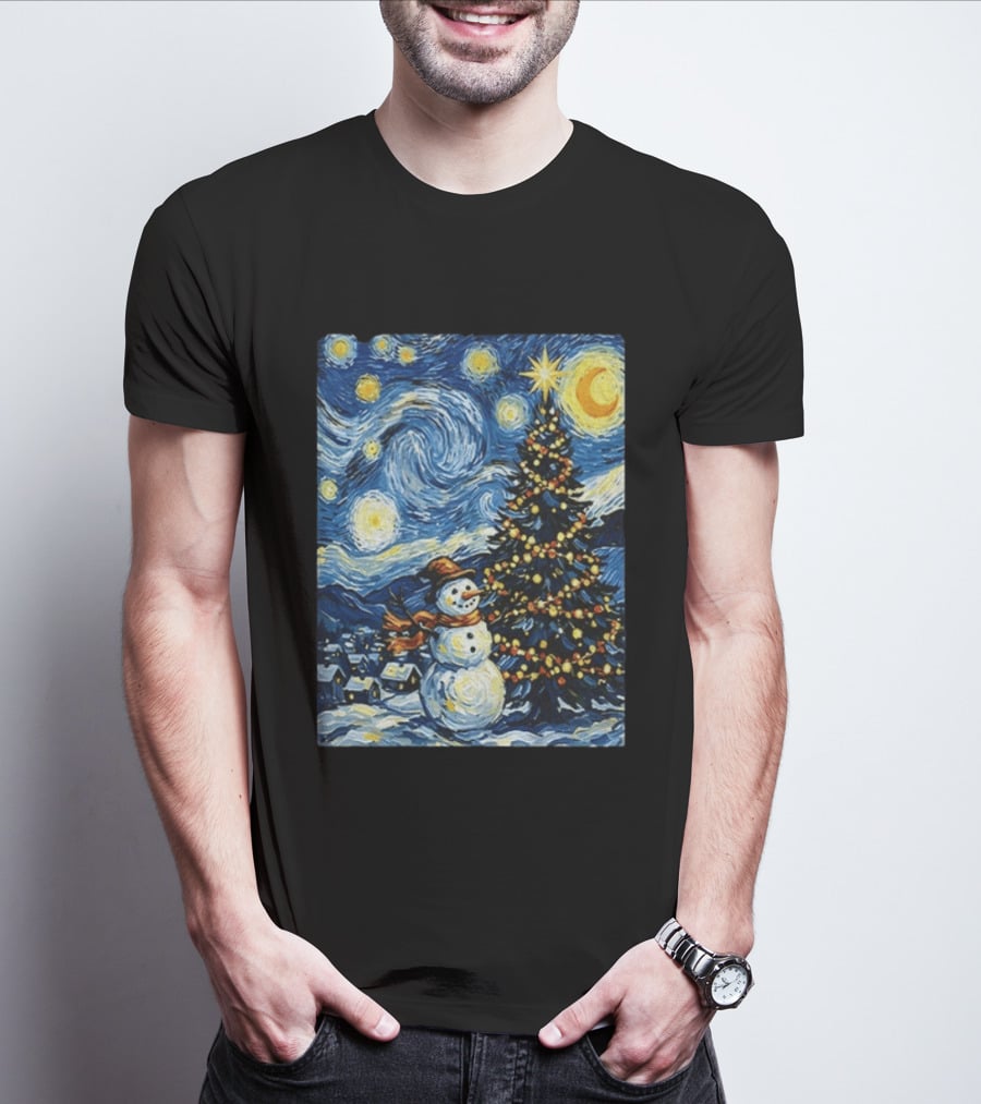 Starry Snowman Christmas Night With Tree And Sky T-Shirt