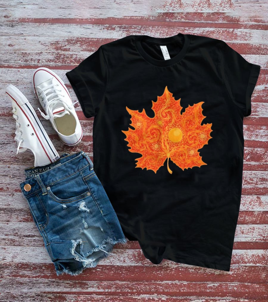 Starry Night Orange Maple Leaf Autumn Swirl T-Shirt