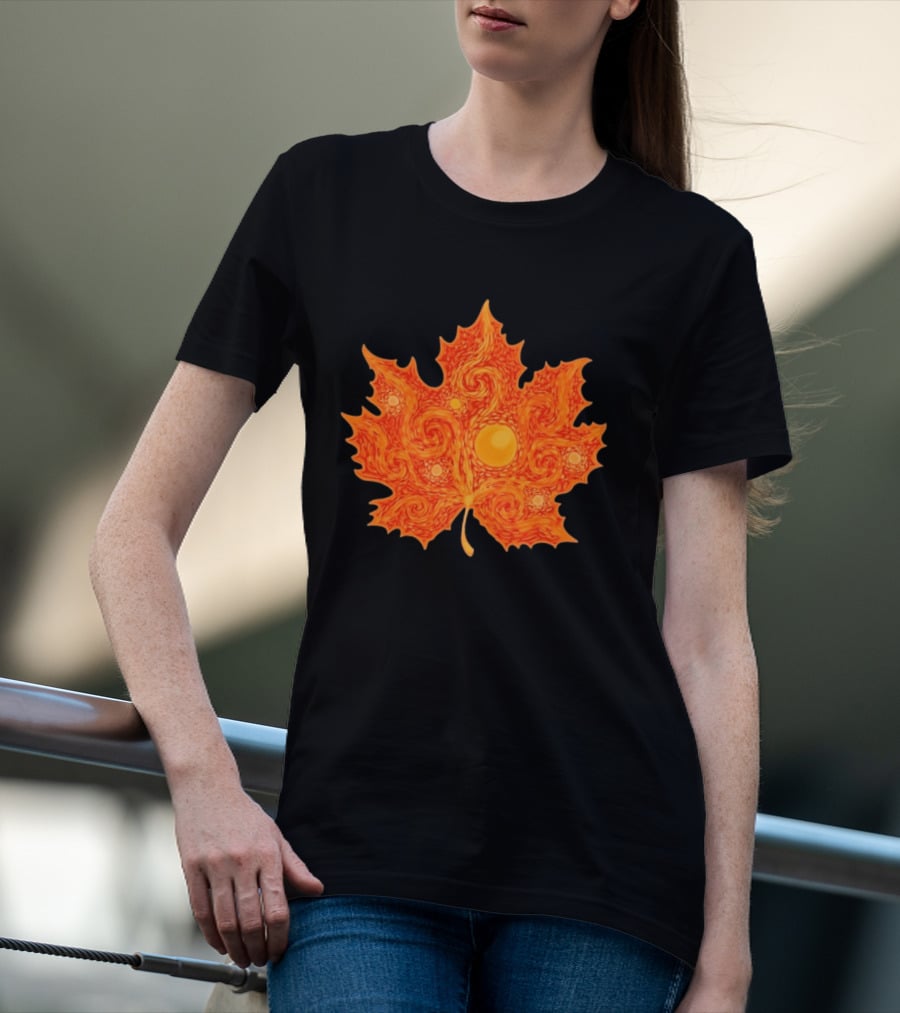 Starry Night Orange Maple Leaf Autumn Swirl T-Shirt
