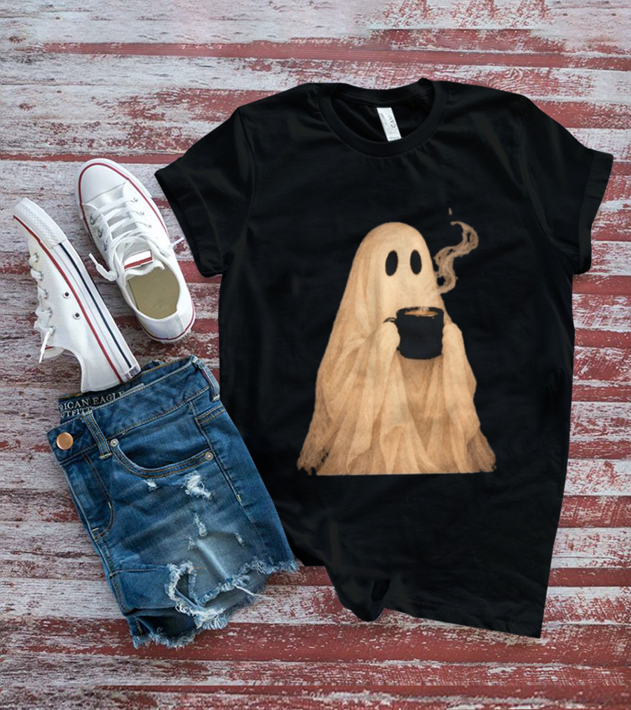 Ghost Spooky Coffee Bar Halloween Cozy Ghost Holding Coffee Steam T-Shirt
