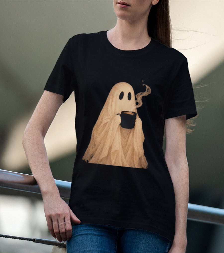 Ghost Spooky Coffee Bar Halloween Cozy Ghost Holding Coffee Steam T-Shirt
