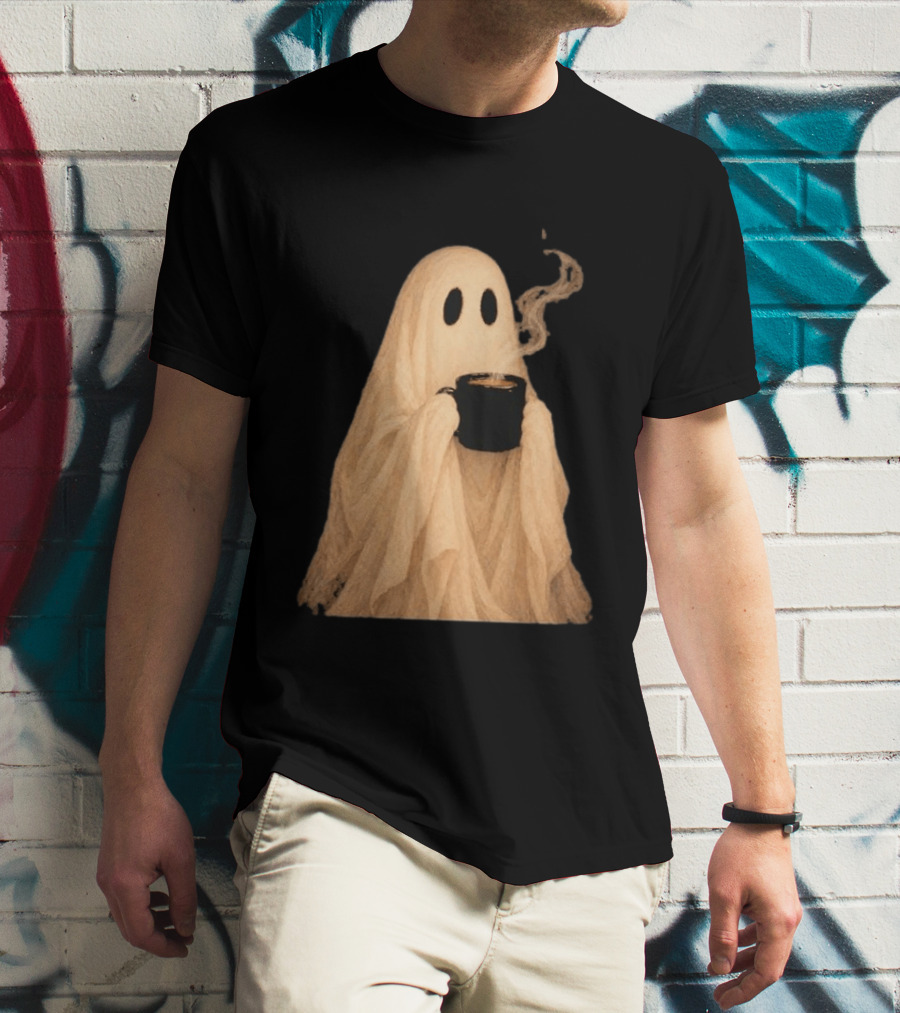 Ghost Spooky Coffee Bar Halloween Cozy Ghost Holding Coffee Steam T-Shirt