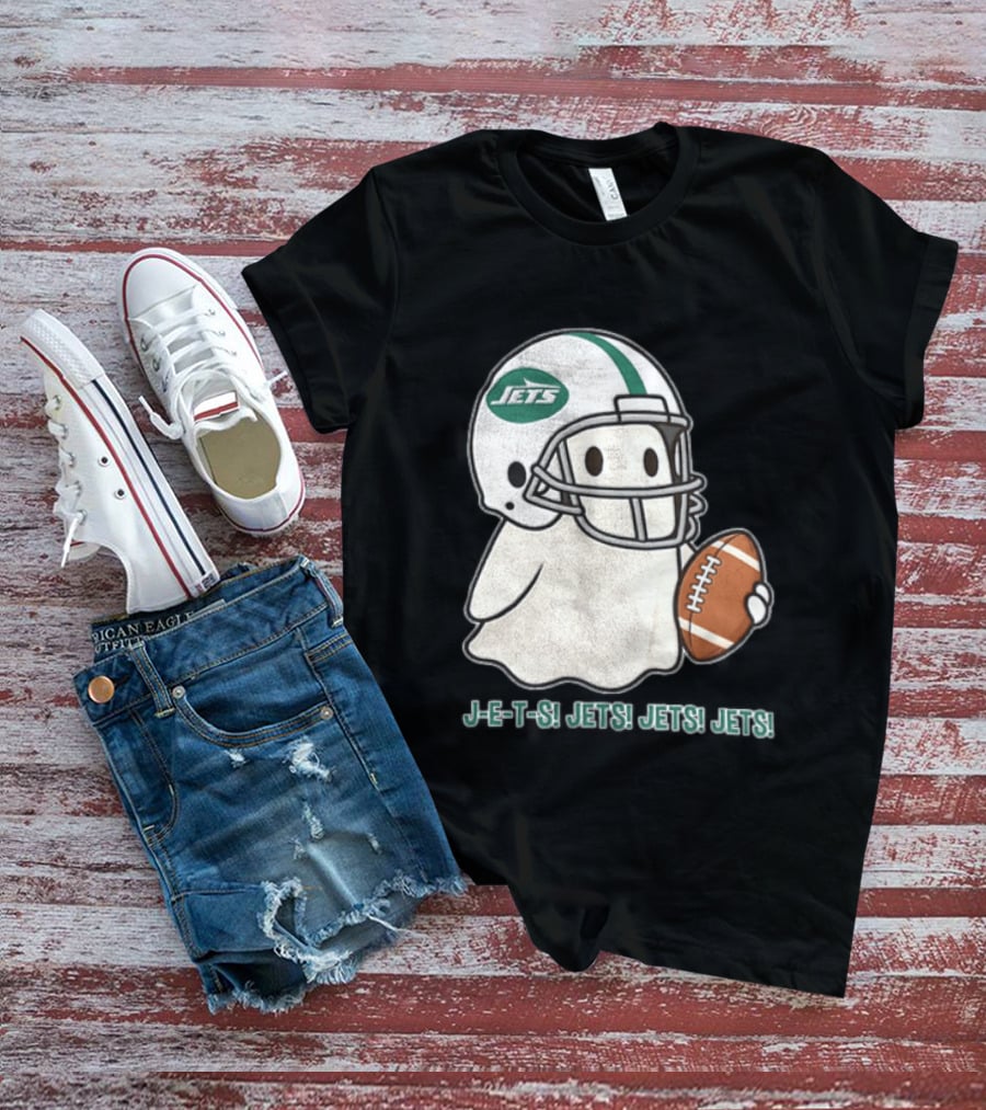 J E S Jets Jets Jets New York Jets Football Helmet Ghost Holding Football T-Shirt