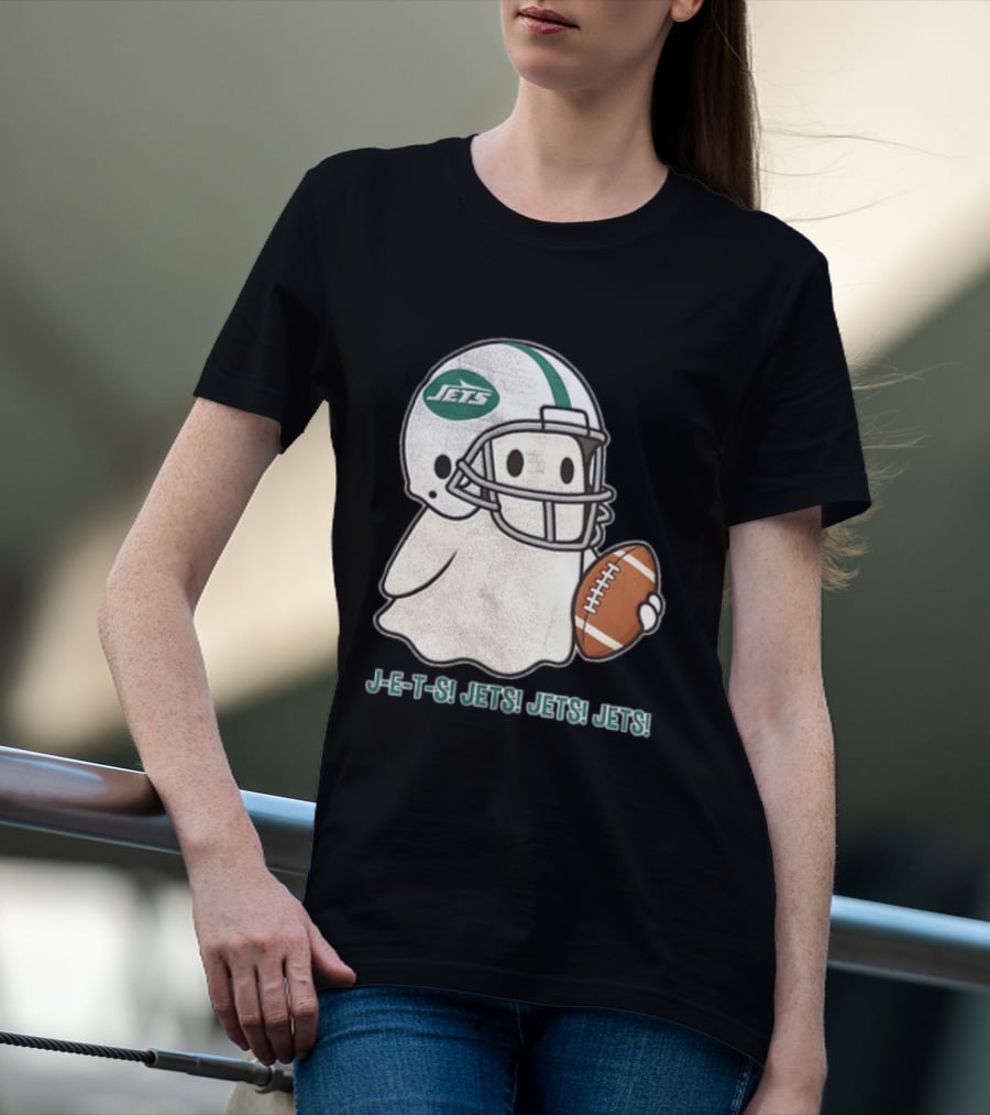 J E S Jets Jets Jets New York Jets Football Helmet Ghost Holding Football T-Shirt