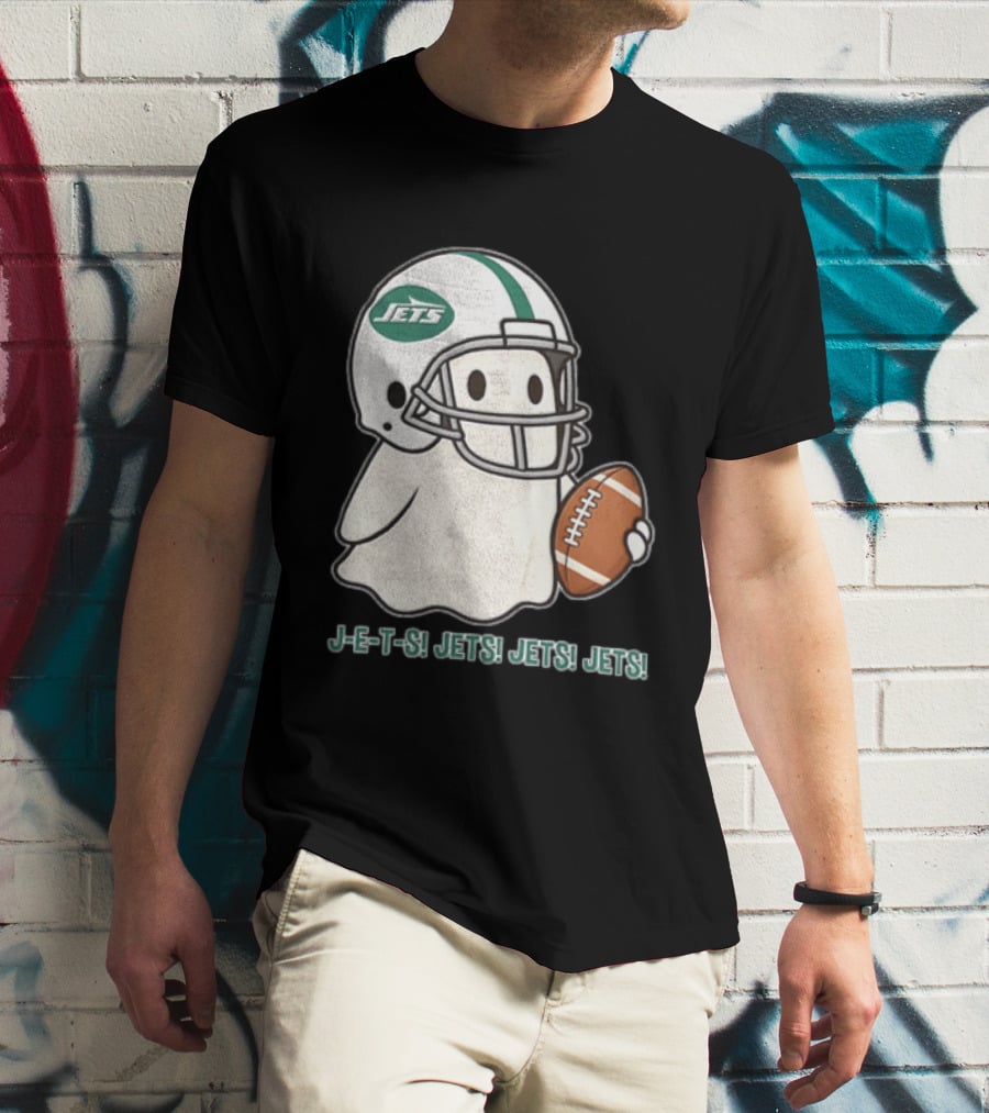 J E S Jets Jets Jets New York Jets Football Helmet Ghost Holding Football T-Shirt