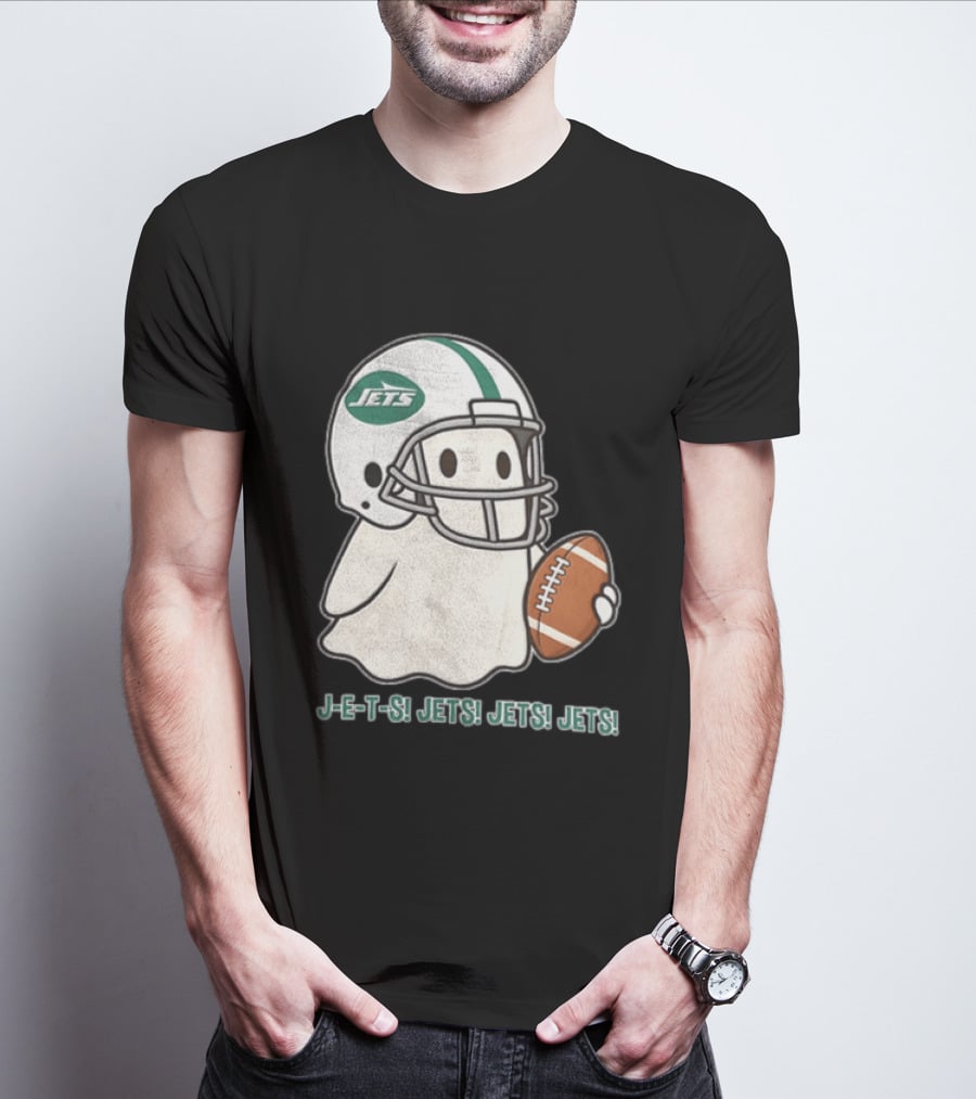 J E S Jets Jets Jets New York Jets Football Helmet Ghost Holding Football T-Shirt