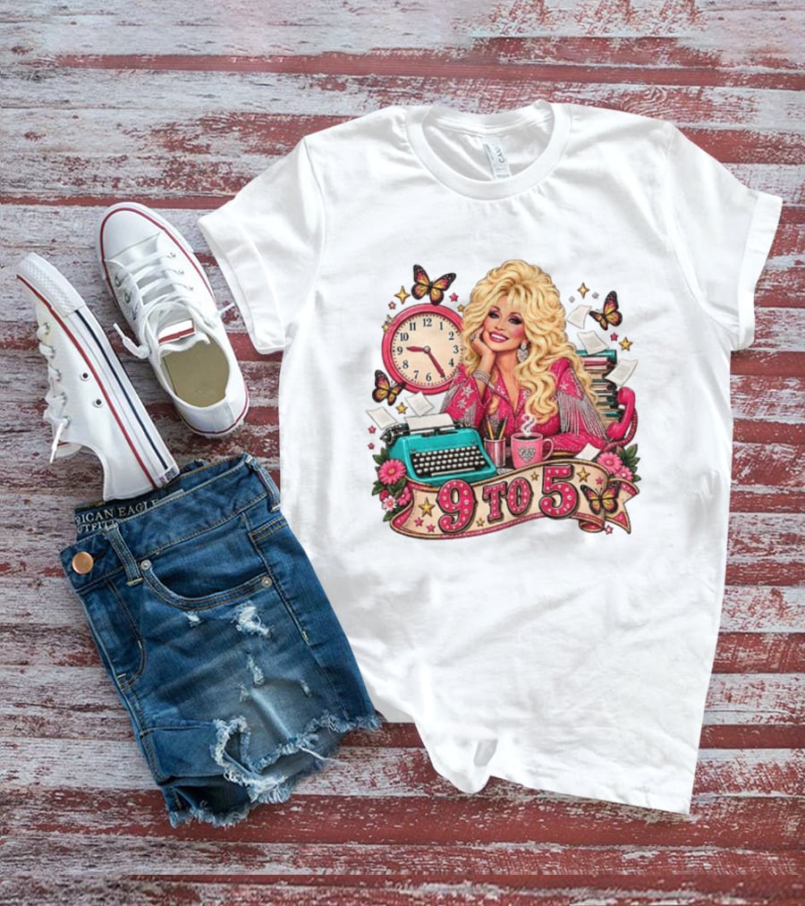 9 To 5 Dolly Parton Music Western Cowgirl Icon With Butterflies And Typewriter T-Shirt