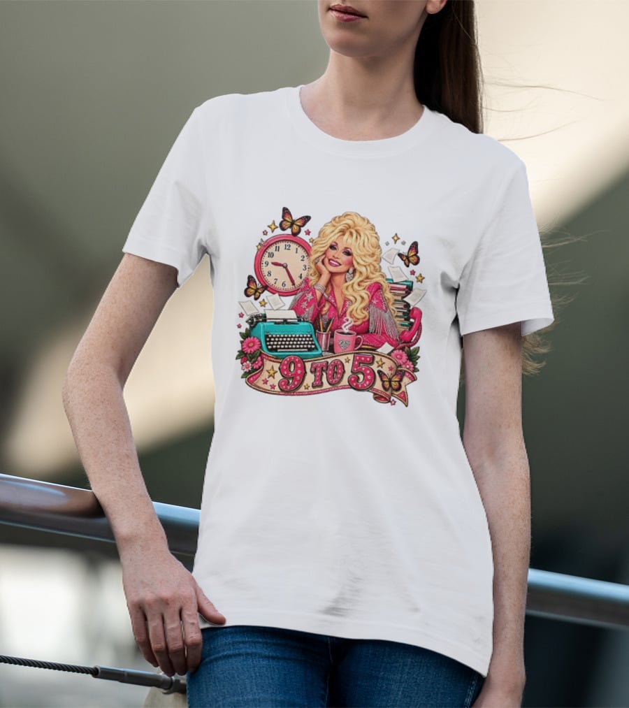 9 To 5 Dolly Parton Music Western Cowgirl Icon With Butterflies And Typewriter T-Shirt