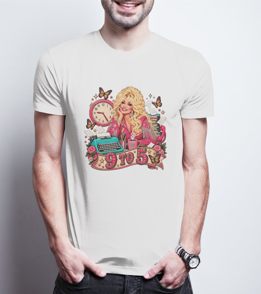 9 To 5 Dolly Parton Music Western Cowgirl Icon With Butterflies And Typewriter T-Shirt