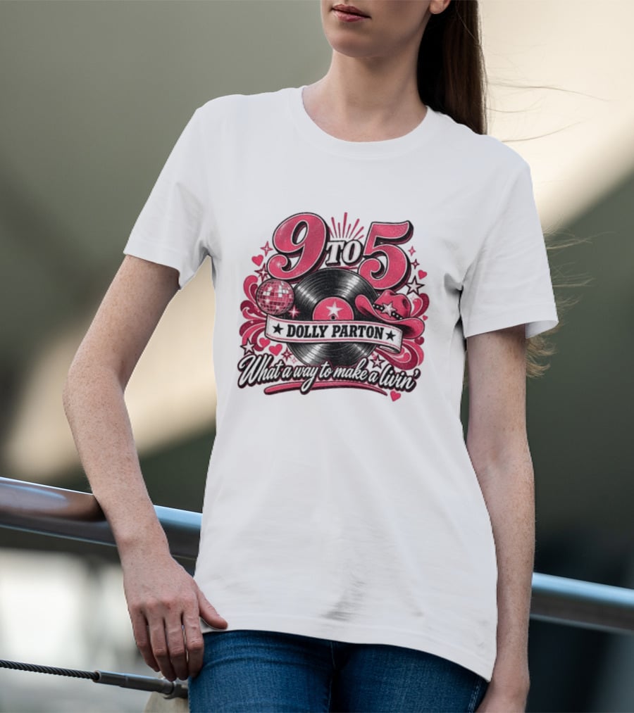 9 To 5 Dolly Parton What A Way To Make A Livin' Disco Cowgirl Hat Vinyl Record T-Shirt