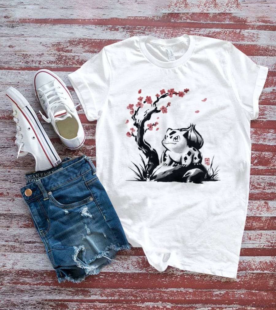 Bulbasaur Sumi E Ink Wash Painting With Cherry Blossom Pokemon T-Shirt