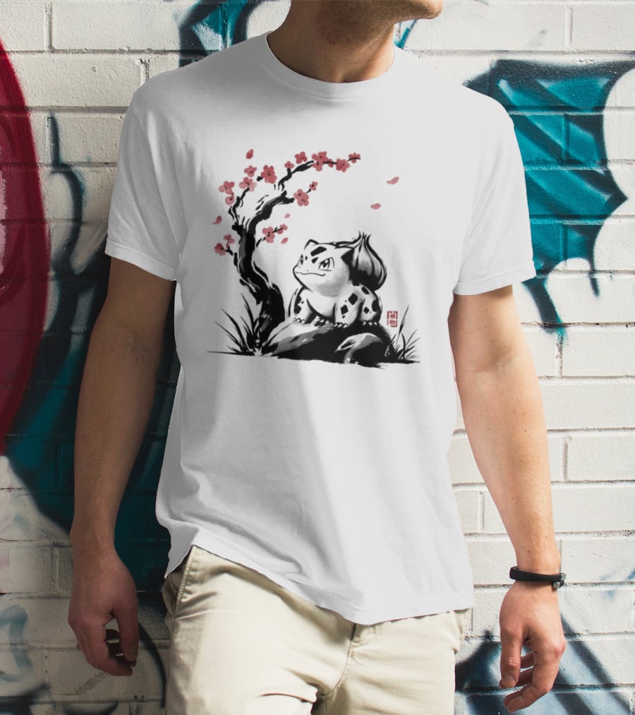Bulbasaur Sumi E Ink Wash Painting With Cherry Blossom Pokemon T-Shirt