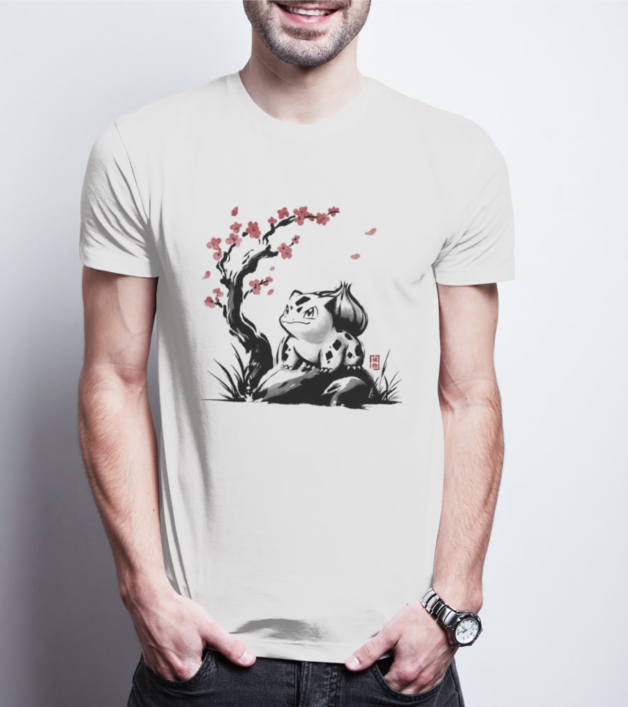 Bulbasaur Sumi E Ink Wash Painting With Cherry Blossom Pokemon T-Shirt