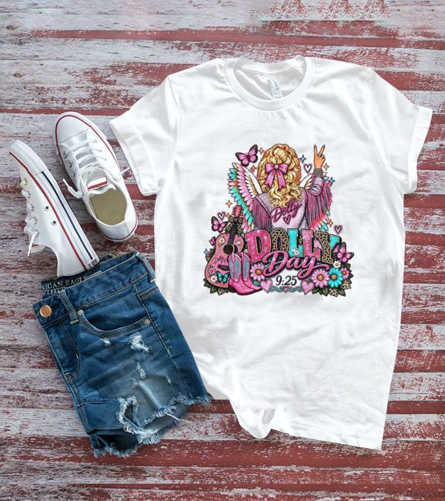 Dolly Day 9.25 Pink Cowgirl Boots Guitar Western Butterflies Hearts T-Shirt