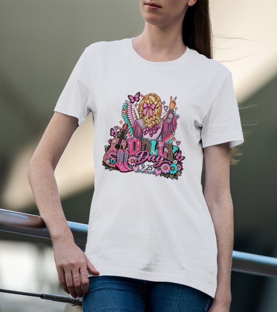 Dolly Day 9.25 Pink Cowgirl Boots Guitar Western Butterflies Hearts T-Shirt