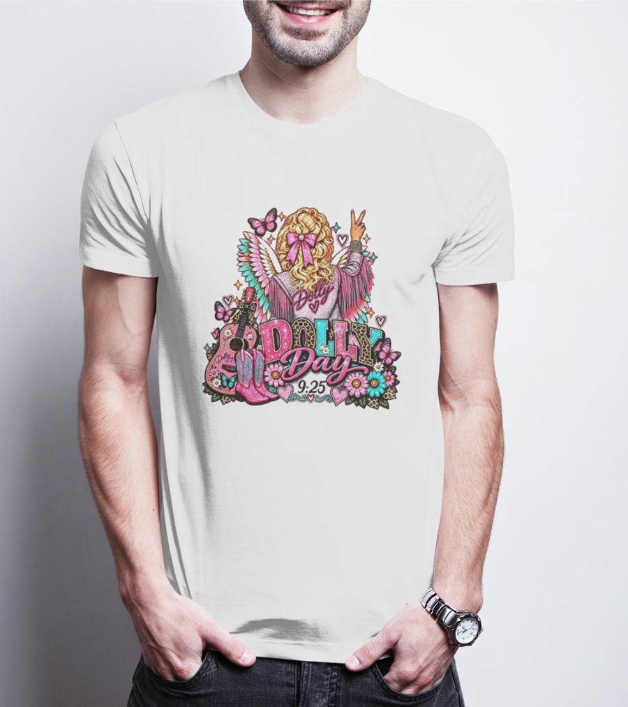 Dolly Day 9.25 Pink Cowgirl Boots Guitar Western Butterflies Hearts T-Shirt