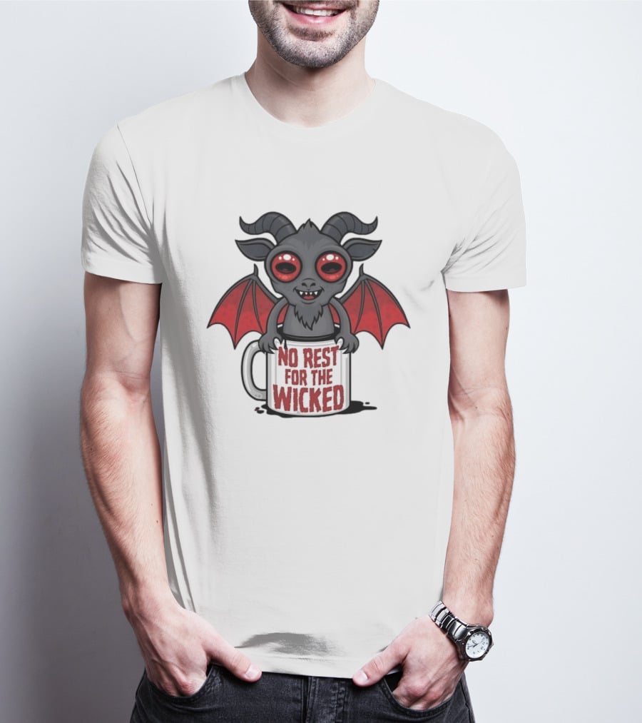 No Rest For The Wicked Little Demon Coffee Red Eyed Bat Wings T-Shirt