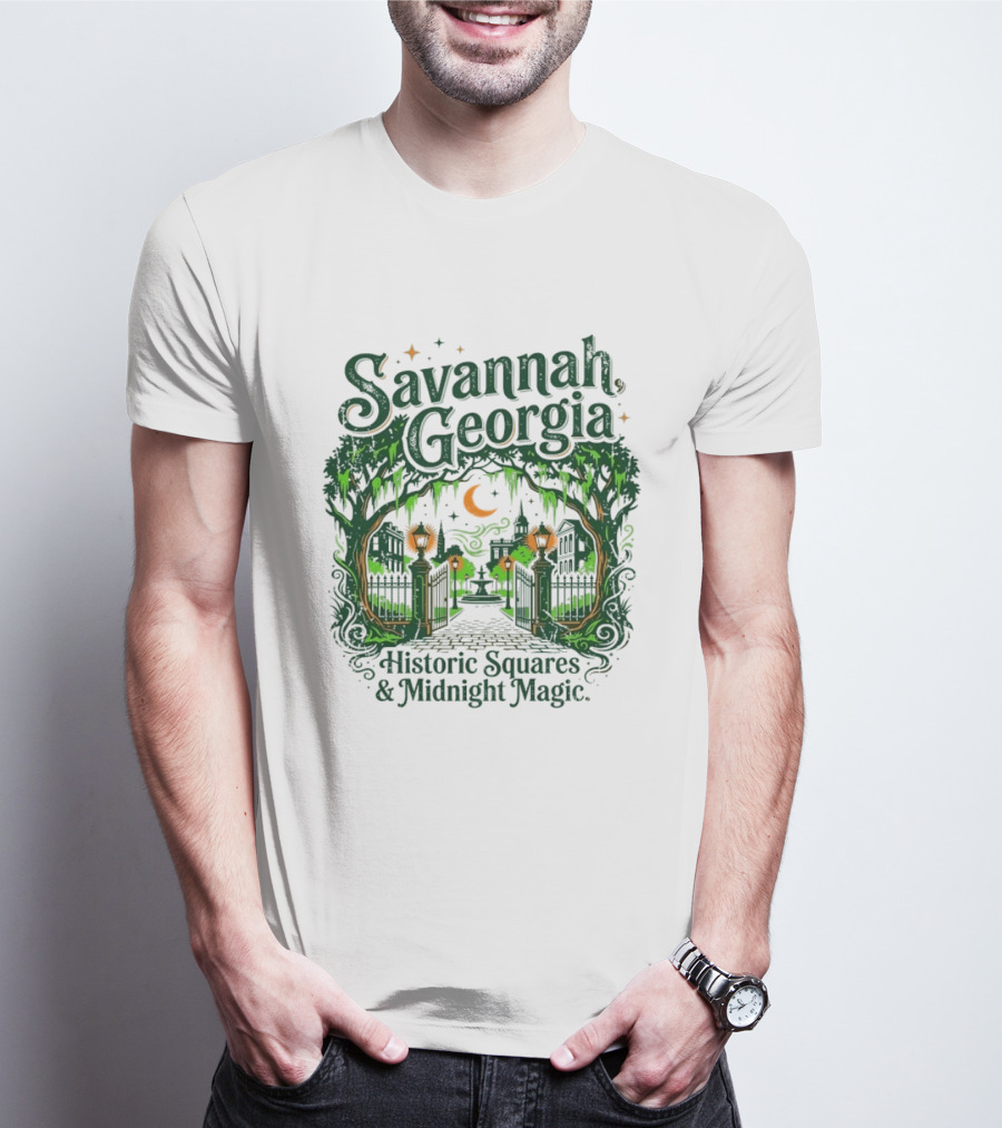Savannah Georgia Historic Squares Midnight Magic Crescent Moon And Lanterns T-Shirt