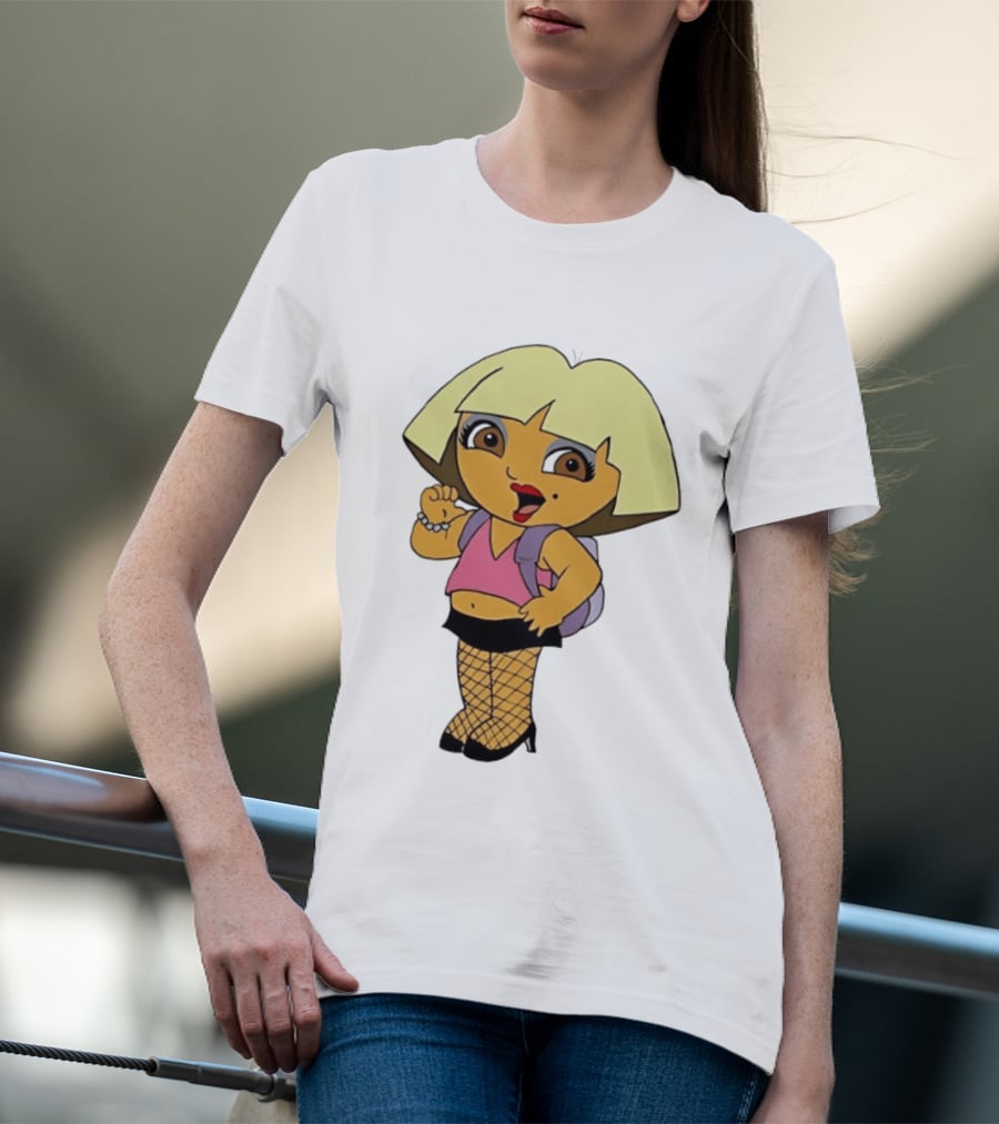 Explorer Parody Cartoon Mashup Pop Culture Icon With Backpack And Fishnets T-Shirt