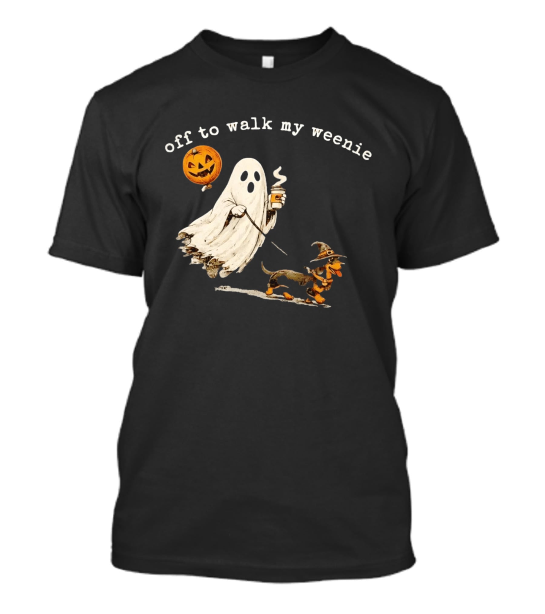 Ghost Walking With Pumpkin Balloon And Dachshund Halloween Fun T-Shirt