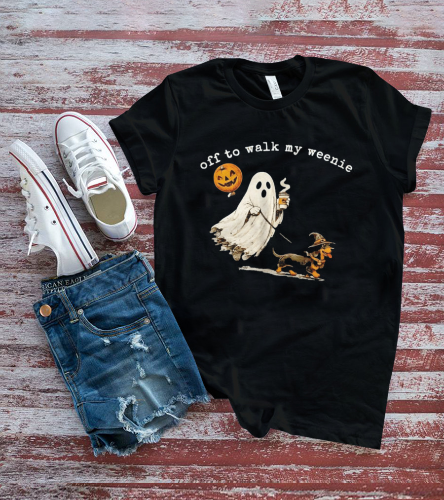 Ghost Walking With Pumpkin Balloon And Dachshund Halloween Fun T-Shirt