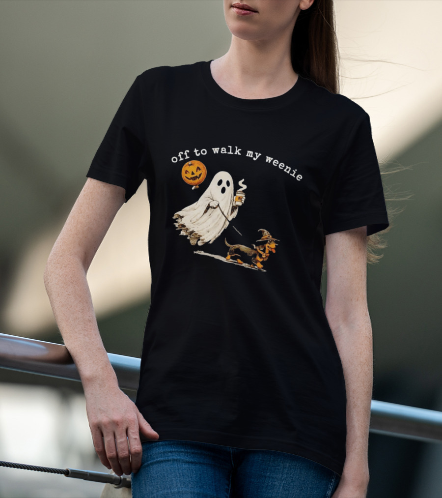 Ghost Walking With Pumpkin Balloon And Dachshund Halloween Fun T-Shirt