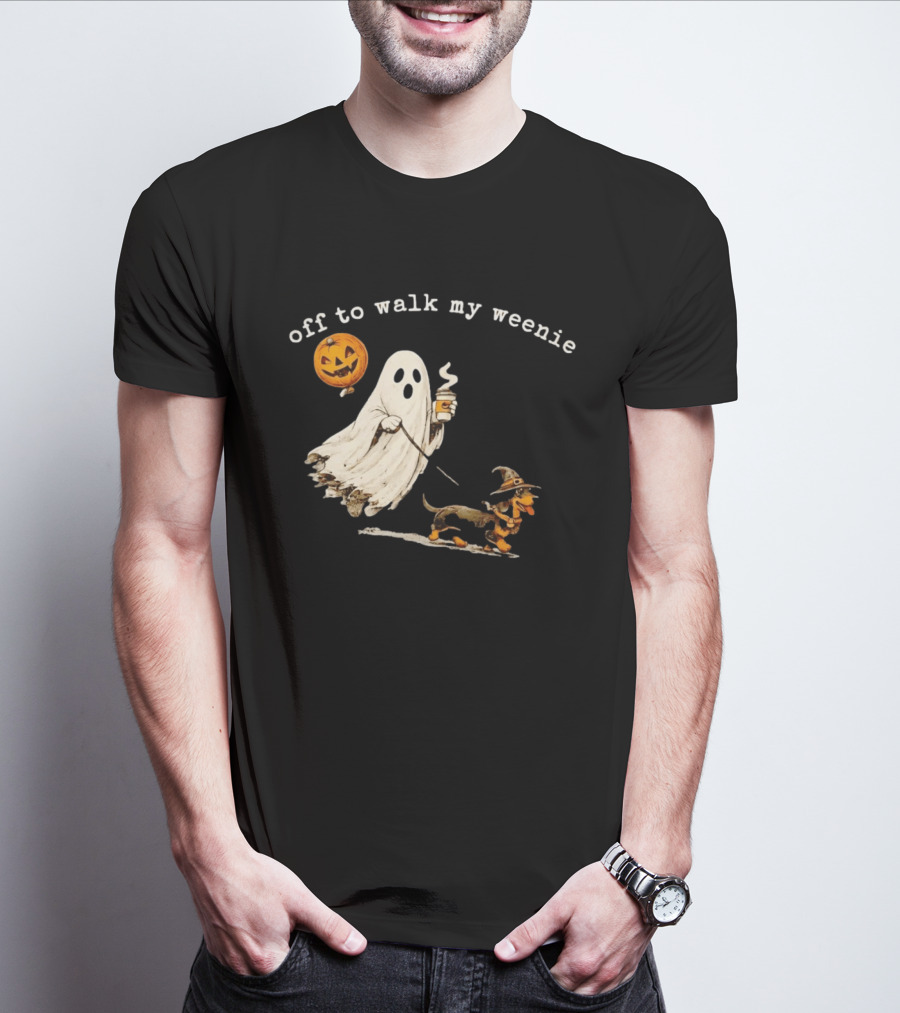 Ghost Walking With Pumpkin Balloon And Dachshund Halloween Fun T-Shirt