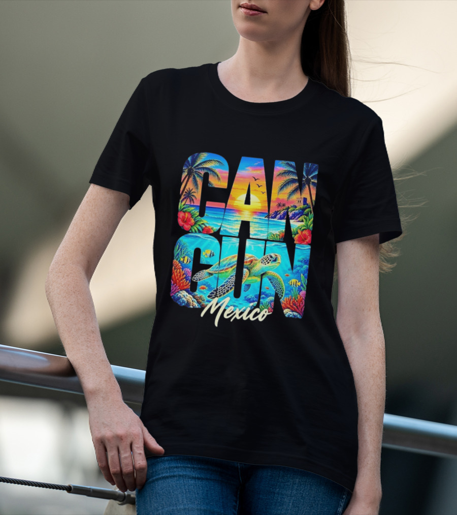Cancun Mexico Tropical Sea Turtle Sunset Palm Trees Ocean Scene T-Shirt