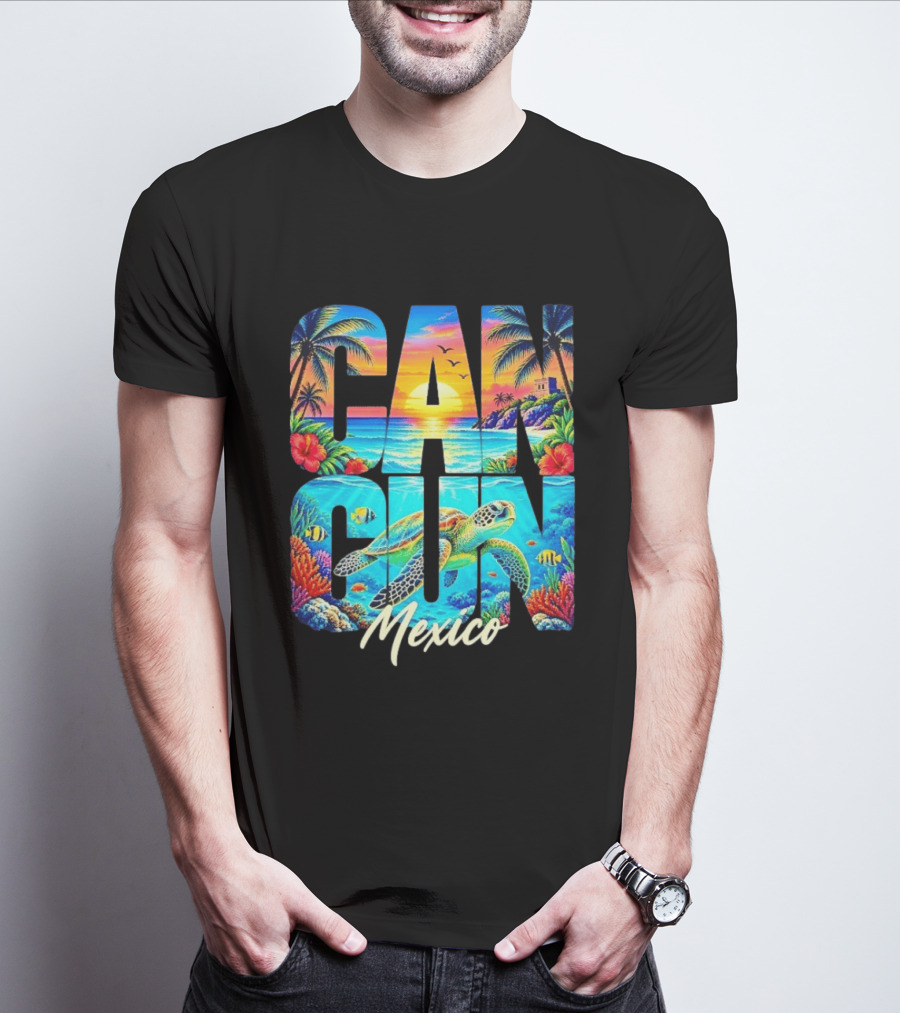 Cancun Mexico Tropical Sea Turtle Sunset Palm Trees Ocean Scene T-Shirt