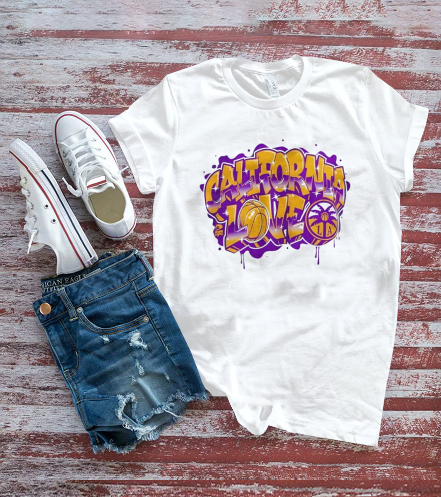 California Love Los Angeles Basketball LA Graffiti Style With Palm Trees And Purple Basketball T-Shirt