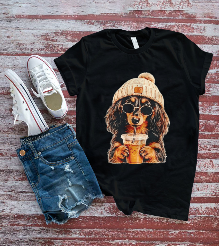 Dachshund Beanie Sunglasses Iced Coffee Trendy Dog Fashion T-Shirt