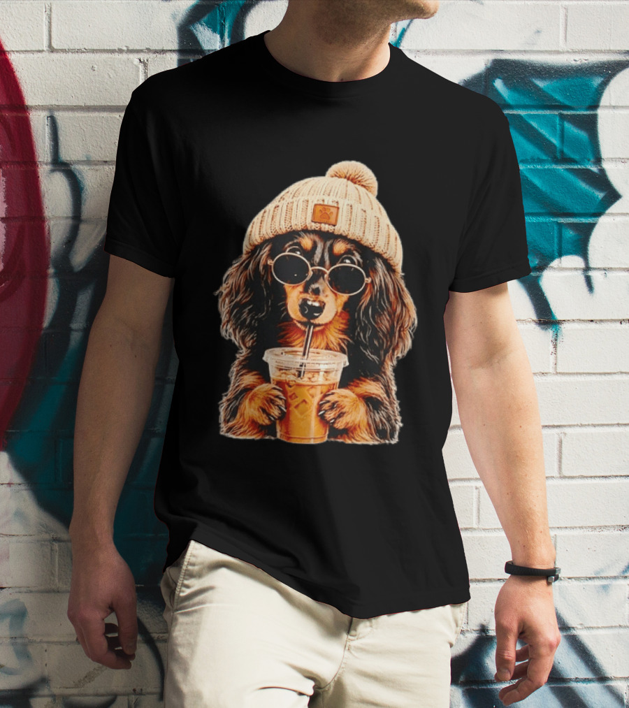 Dachshund Beanie Sunglasses Iced Coffee Trendy Dog Fashion T-Shirt