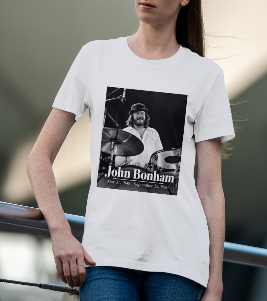 John Bonham May 31 1948 September 25 1980 Drummer Tribute Black And White Photo T-Shirt