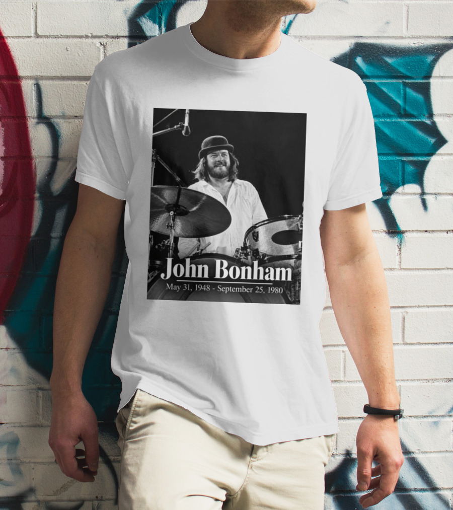 John Bonham May 31 1948 September 25 1980 Drummer Tribute Black And White Photo T-Shirt