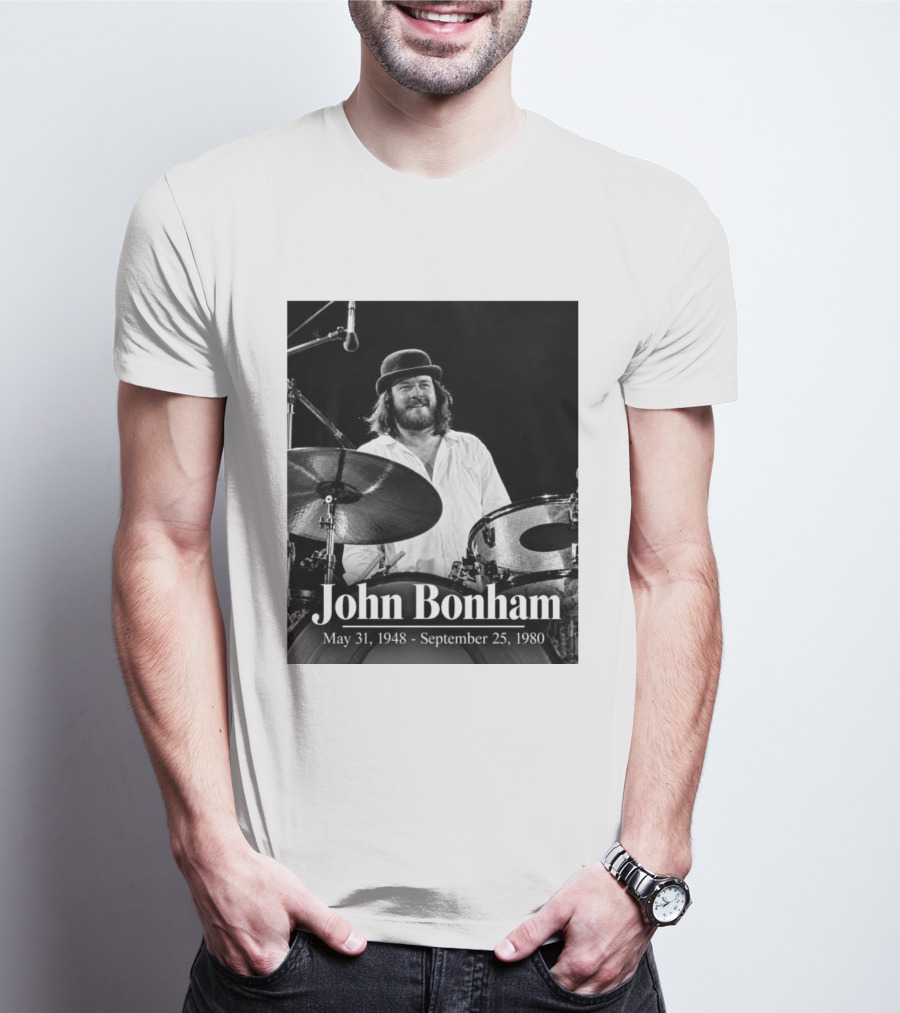 John Bonham May 31 1948 September 25 1980 Drummer Tribute Black And White Photo T-Shirt