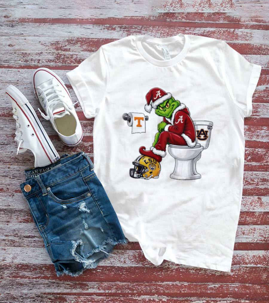 Alabama Crimson Tide Santa Grinch Sitting Auburn Toilet LSU Helmet Christmas T-Shirt