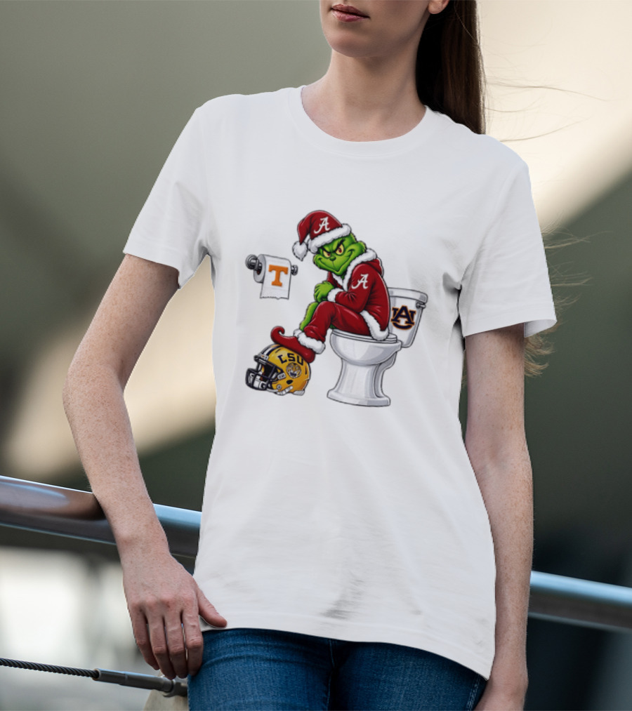 Alabama Crimson Tide Santa Grinch Sitting Auburn Toilet LSU Helmet Christmas T-Shirt