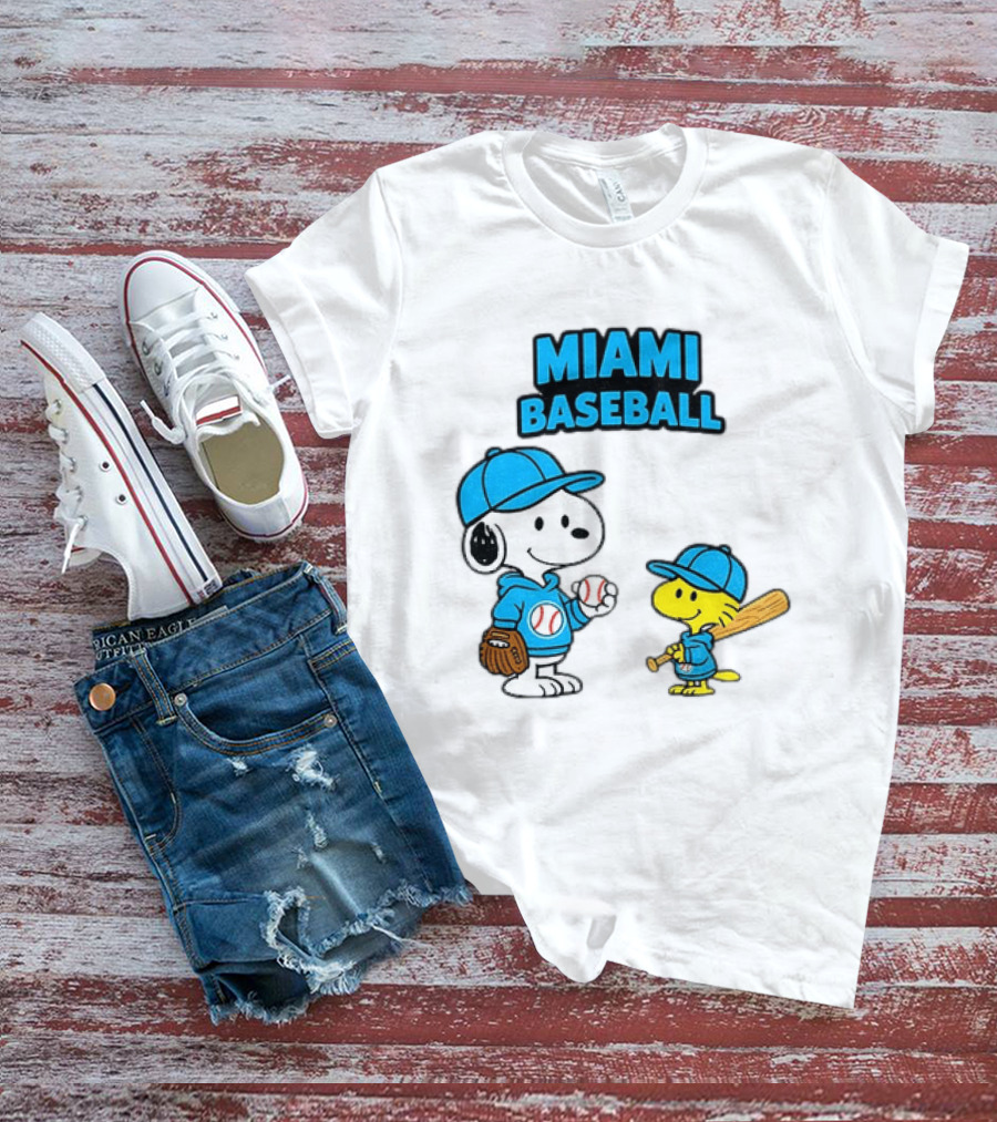Snoopy Woodstock Miami Baseball Peanuts Cartoon MLB T-Shirt