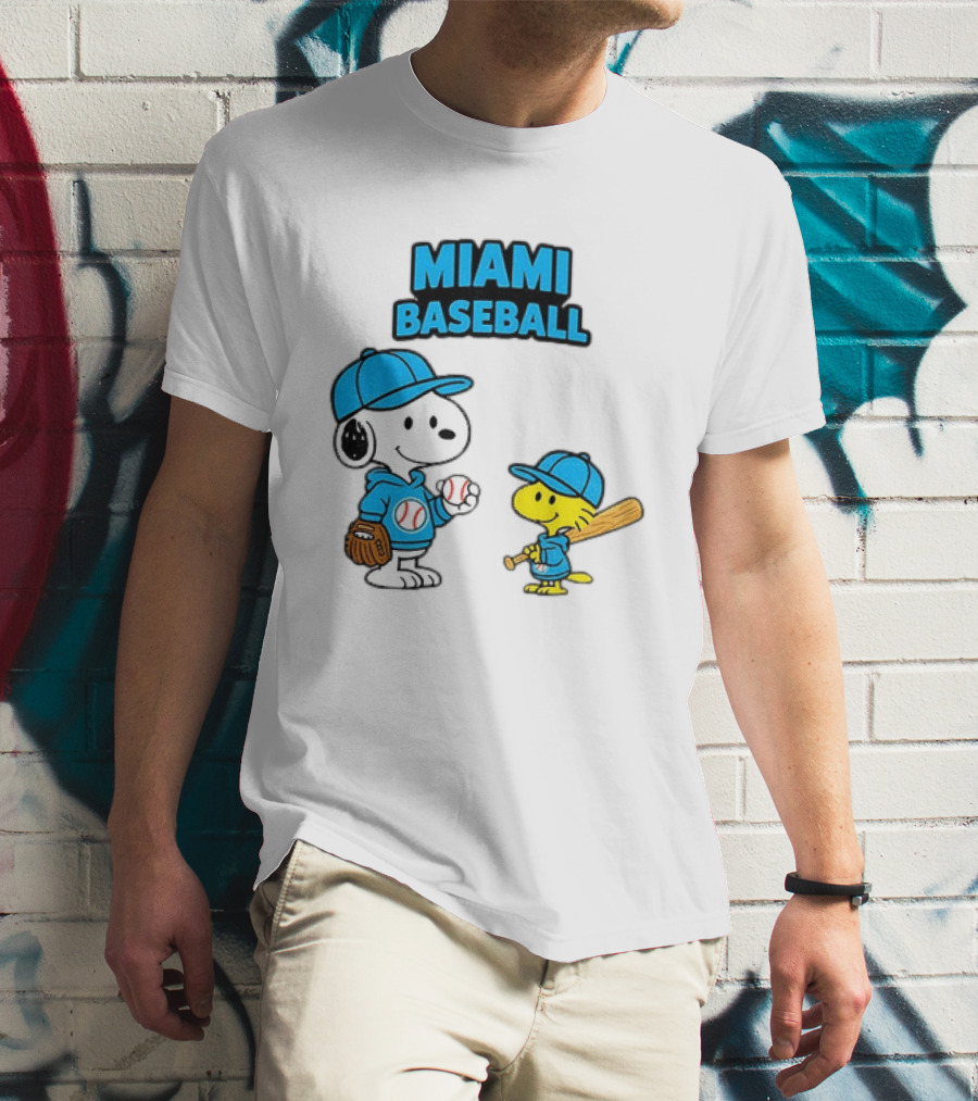 Snoopy Woodstock Miami Baseball Peanuts Cartoon MLB T-Shirt