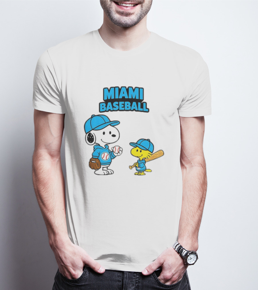 Snoopy Woodstock Miami Baseball Peanuts Cartoon MLB T-Shirt