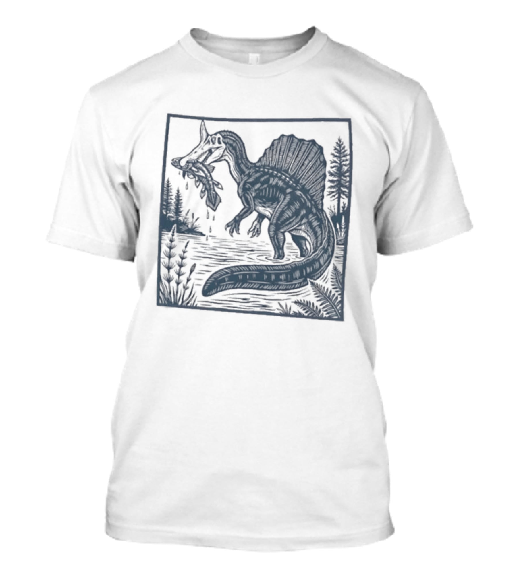 Spinosaurus Catching Fish With Forest T-Shirt
